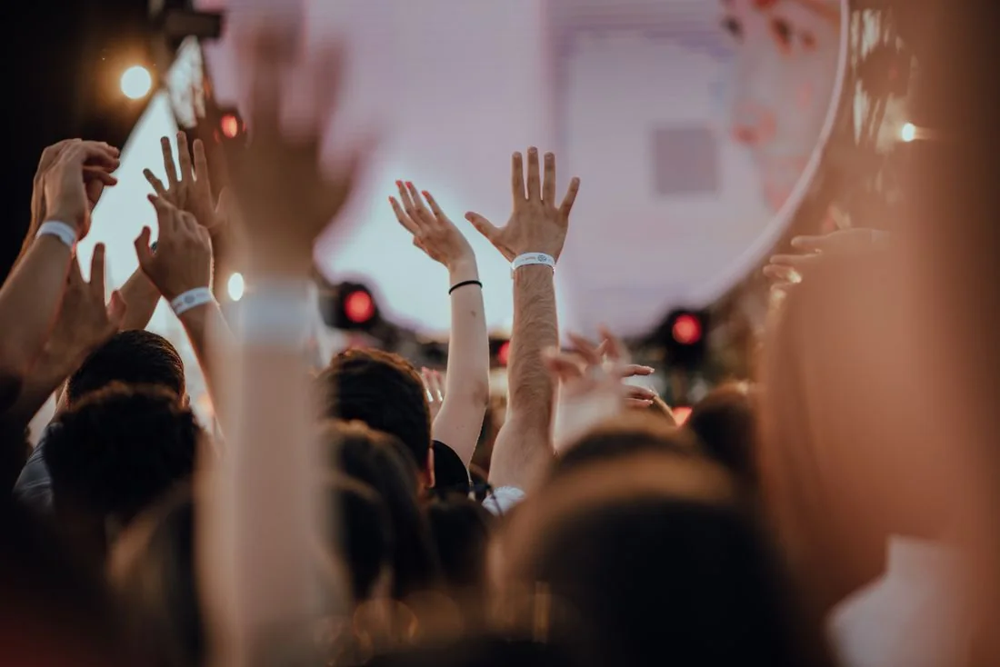 Concert audience raising their hands at an outdoor live performance