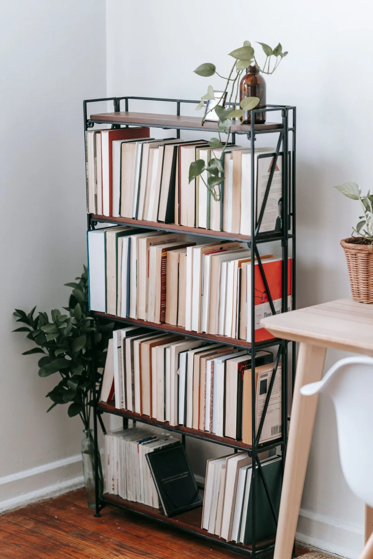 Books and plants on open shelving beside a desk
