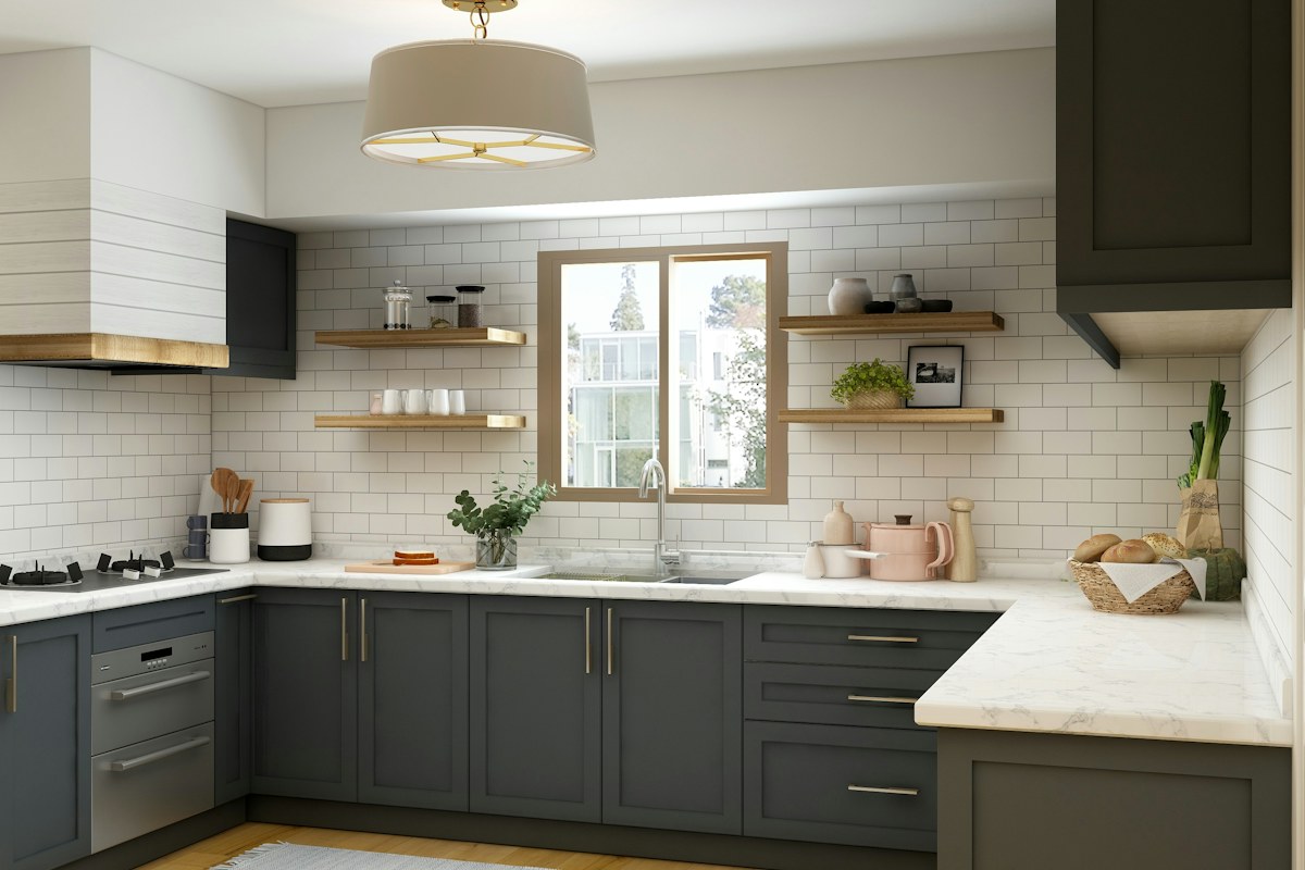 Kitchen with white upper cupboards and dark lower cabinets